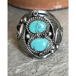 Men’s Vintage Sterling Silver Navajo Double Turquoise Ring Size 12.5 Native SW